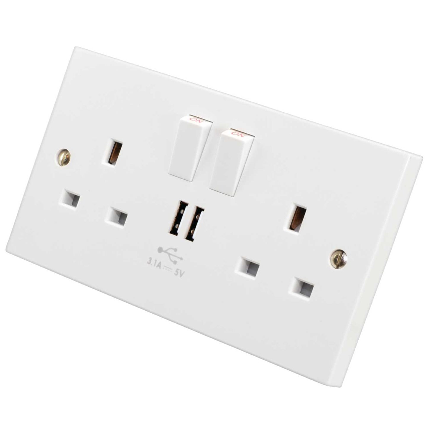 M2 Square 13A 2 Gang Switched Socket with Twin USB Outlets White