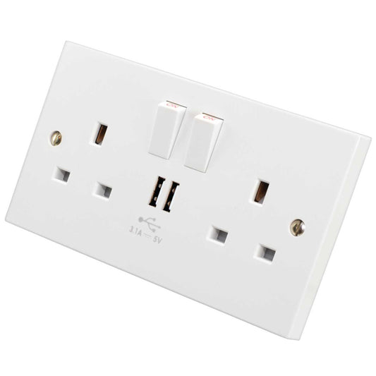 M2 Square 13A 2 Gang Switched Socket with Twin USB Outlets White