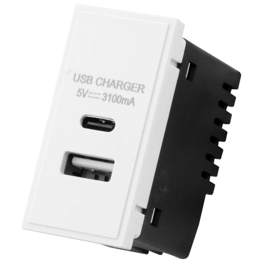 M2 Grid Single Type A and Type C USB Outlets Euro Module White