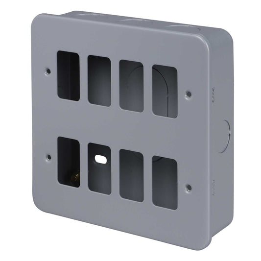 M2 Metal 8 Gang Grid Front Plate Metal Clad c/w Back Box