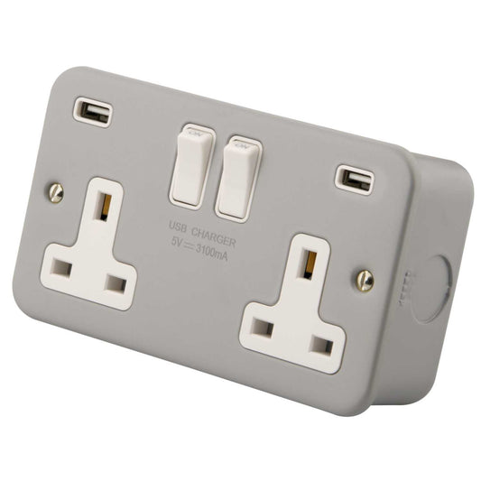 M2 Metal 13A 2 Gang Switched Socket with 2 x Type A USB Outlets Metal Clad