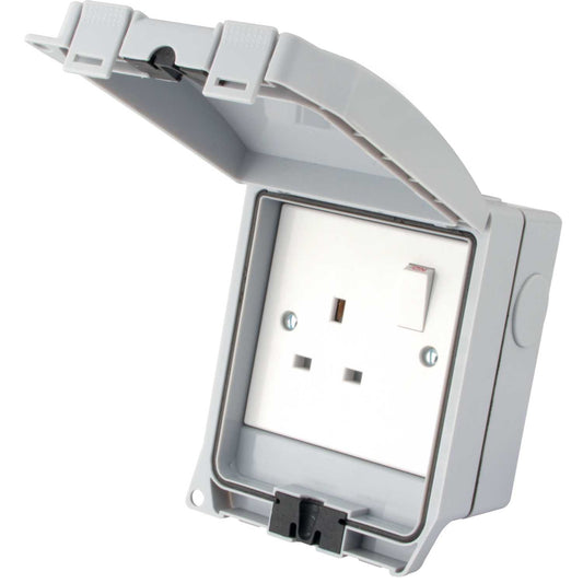 M2 Weatherproof 13A 1 Gang Switched Socket with Solid Grey Lid IP66