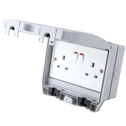 M2 Weatherproof 13A 2 Gang Switched Socket with Solid Grey Lid IP66