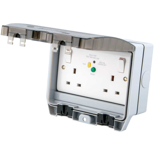 M2 Weatherproof 13A 2 Gang RCD Switched Socket with Clear Lid IP66