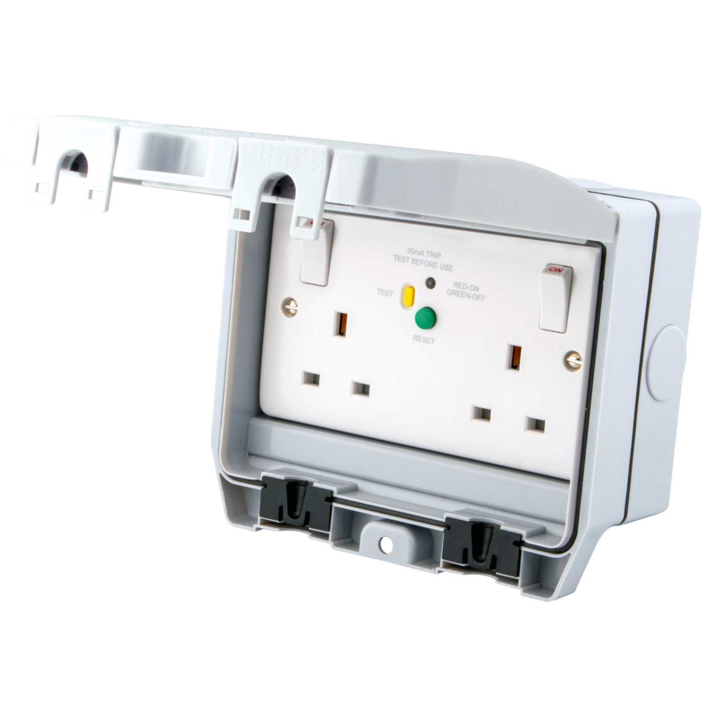 M2 Weatherproof 13A 2 Gang RCD Switched Socket with Solid Grey Lid IP66