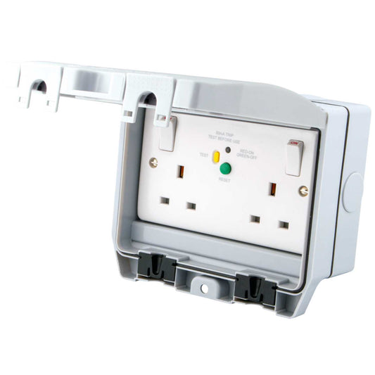 M2 Weatherproof 13A 2 Gang RCD Switched Socket with Solid Grey Lid IP66