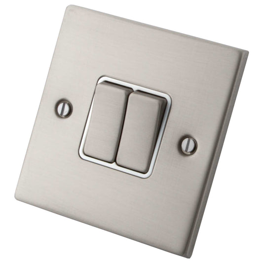 M2 Decorative 10A 2 Gang 2 Way Light Switch White Insert Brushed Stainless Steel