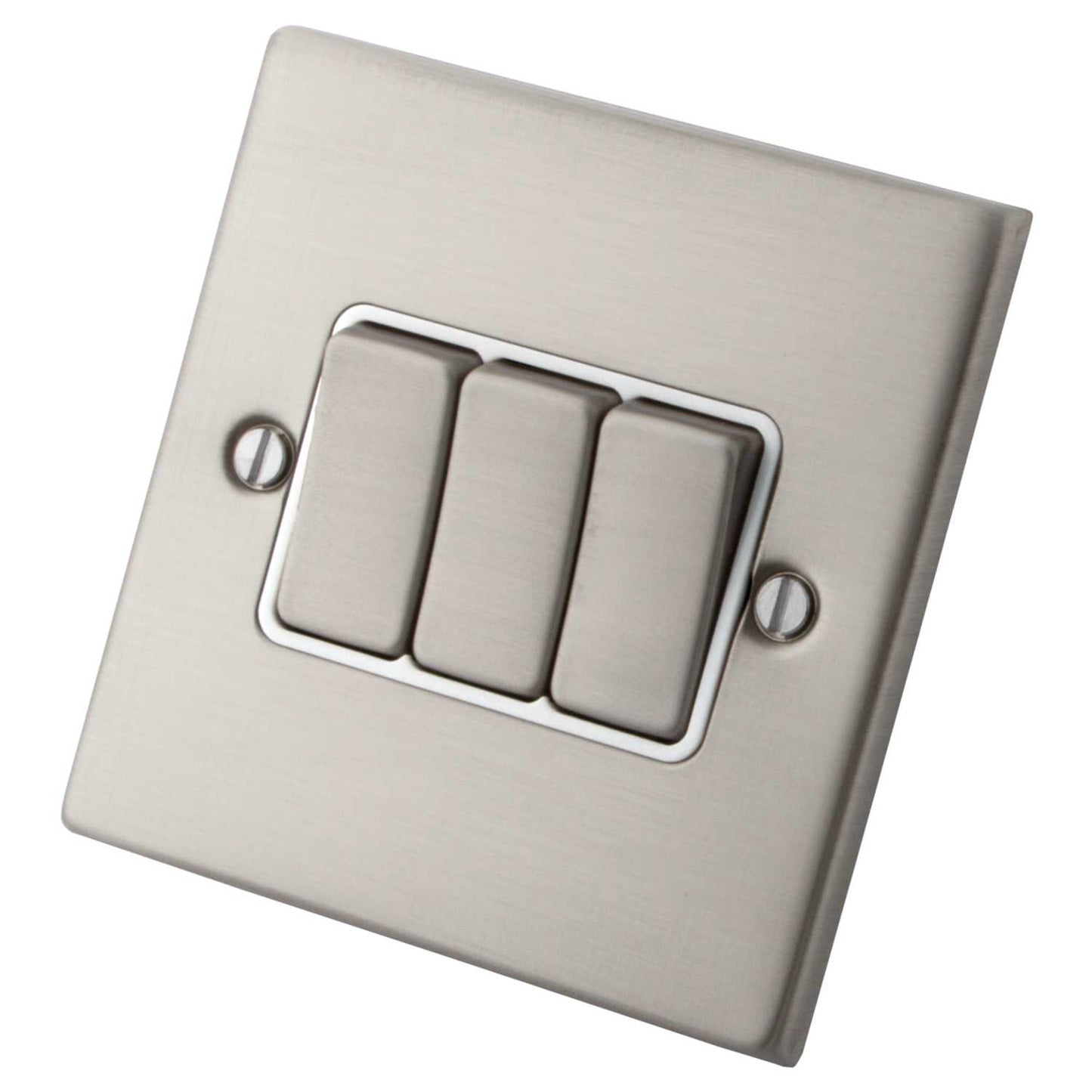 M2 Decorative 10A 3 Gang 2 Way Light Switch White Insert Brushed Stainless Steel