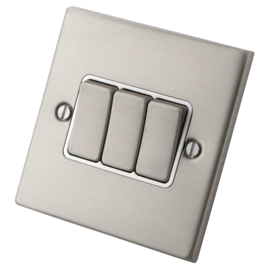 M2 Decorative 10A 3 Gang 2 Way Light Switch White Insert Brushed Stainless Steel