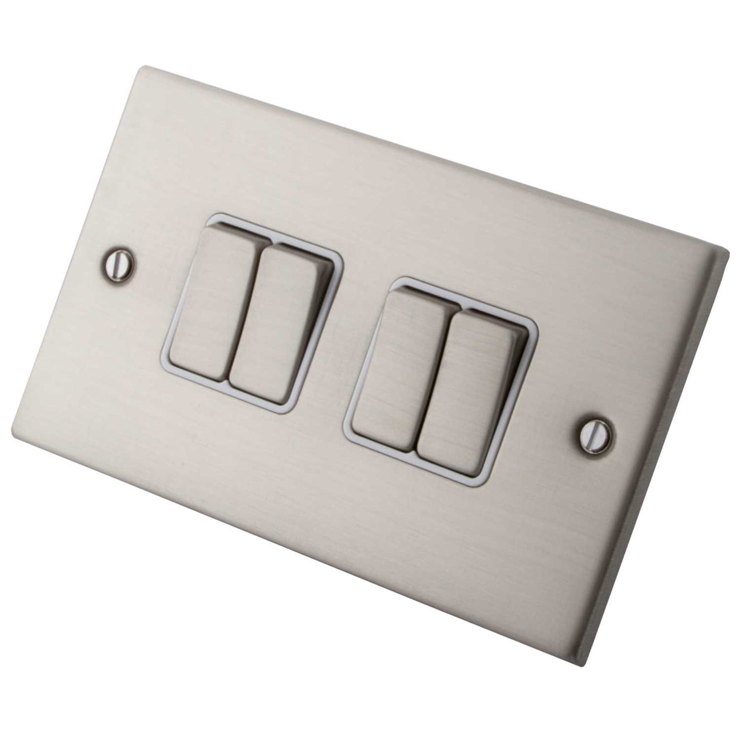M2 Decorative 10A 4 Gang 2 Way Light Switch White Insert Brushed Stainless Steel