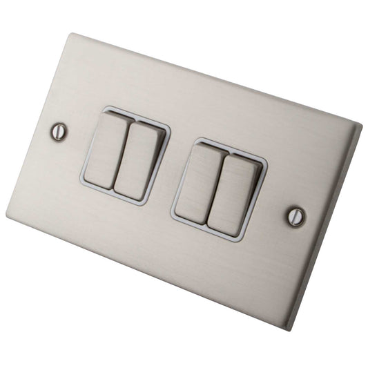 M2 Decorative 10A 4 Gang 2 Way Light Switch White Insert Brushed Stainless Steel