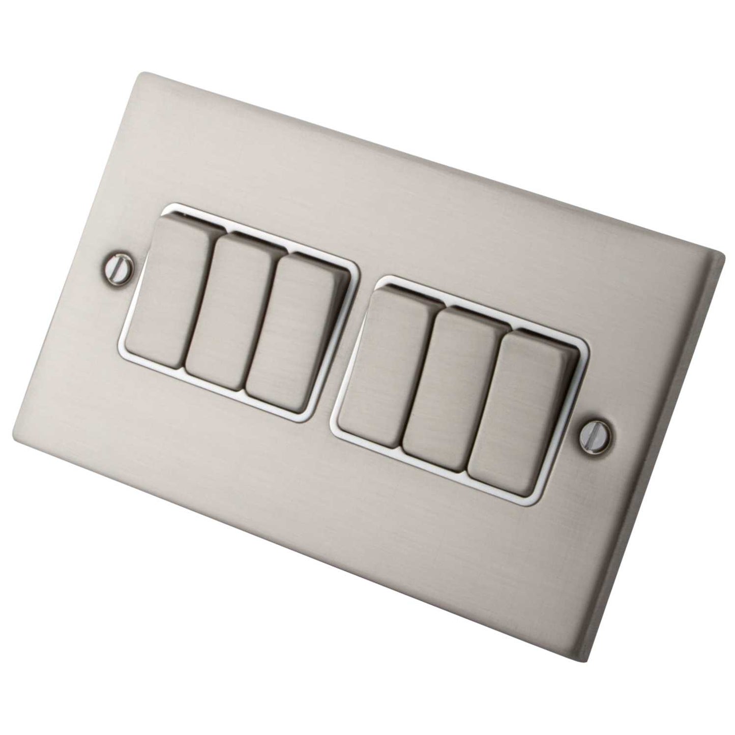 M2 Decorative 10A 6 Gang 2 Way Light Switch White Insert Brushed Stainless Steel