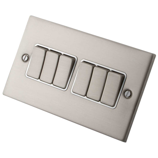 M2 Decorative 10A 6 Gang 2 Way Light Switch White Insert Brushed Stainless Steel