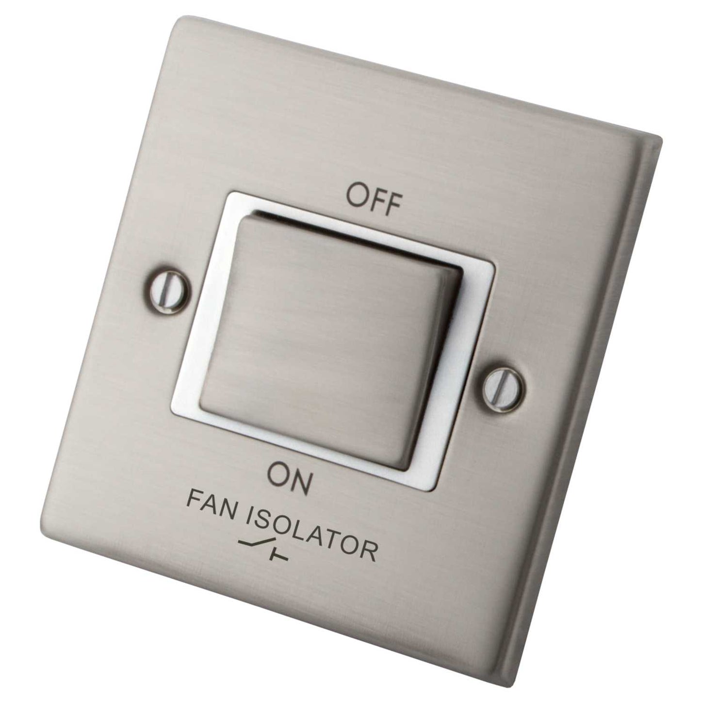 M2 Decorative 10A Triple Pole Fan Isolator White Insert Brushed Stainless Steel