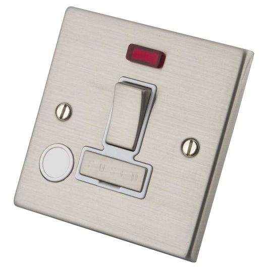 M2 Decorative 13A Switched Fused Spur with Neon F/Outlet White Insert Brushed Stainless Steel