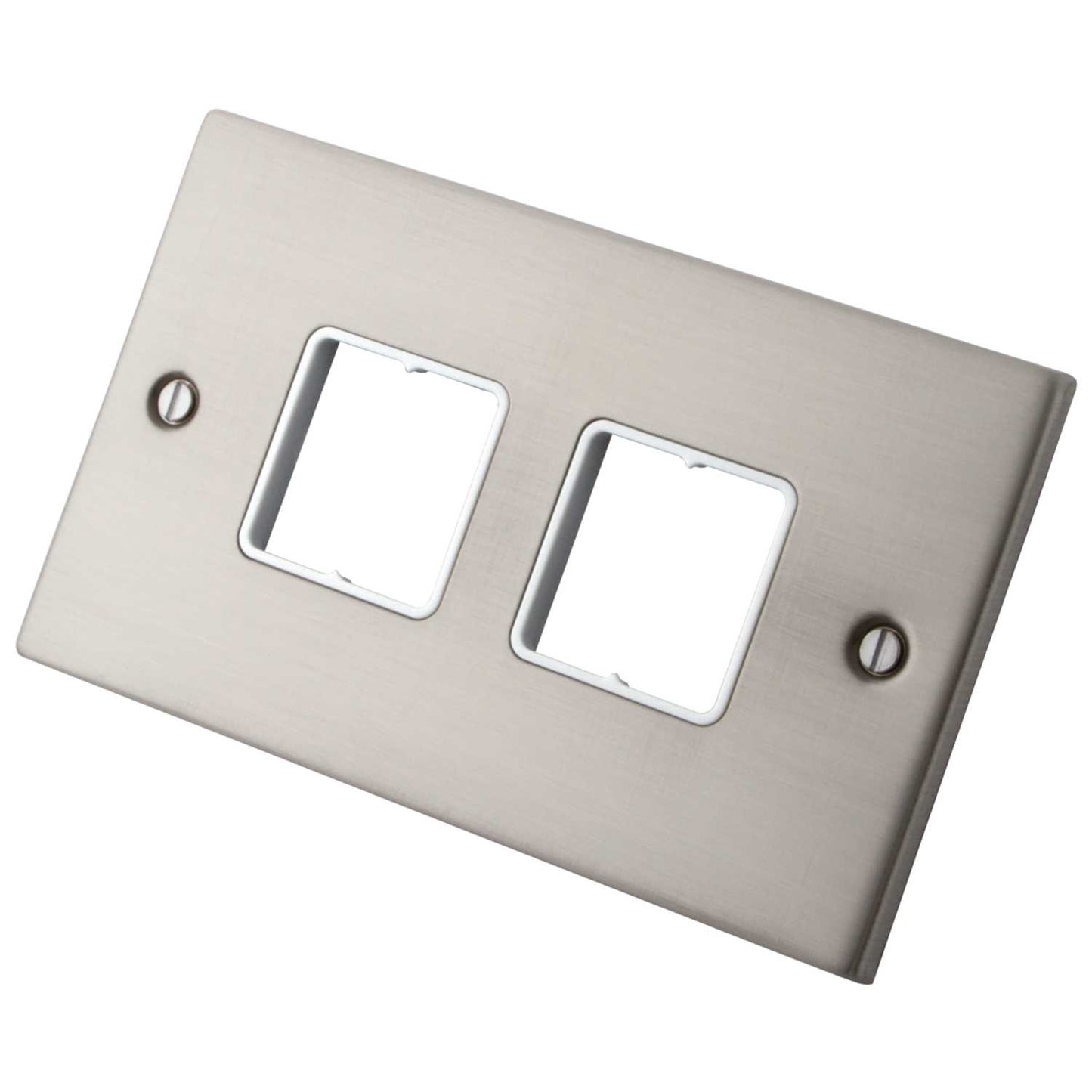 M2 Decorative 2 Gang 4 Module Front Plate White Insert Brushed Stainless Steel