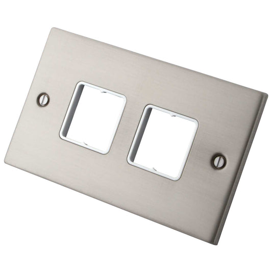 M2 Decorative 2 Gang 4 Module Front Plate White Insert Brushed Stainless Steel