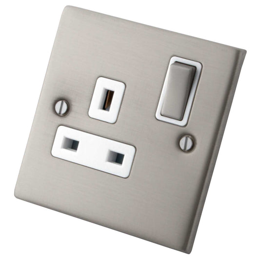 M2 Decorative 13A 1 Gang Switched Socket White Insert Brushed Stainless Steel