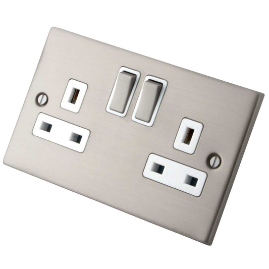 M2 Decorative 13A 2 Gang Switched Socket White Insert Brushed Stainless Steel