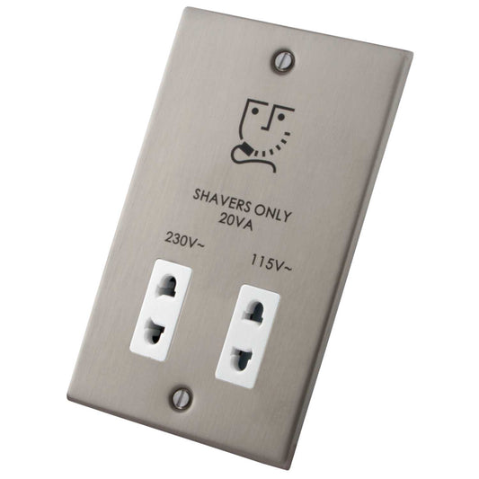 M2 Decorative Dual Voltage Shaver Socket White Insert Brushed Stainless Steel