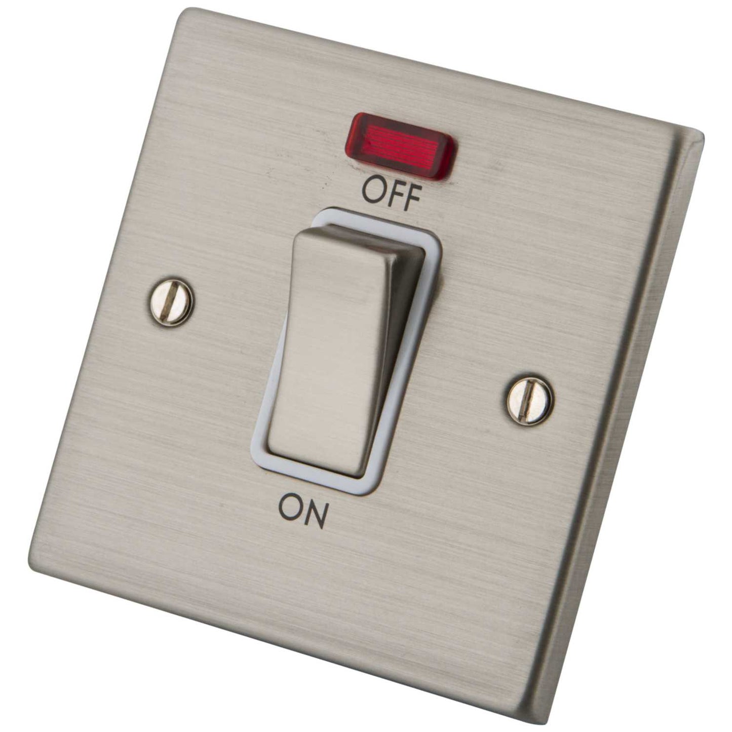 M2 Decorative 45A DP 1 Gang Switch with Neon White Insert Brushed Stainless Steel