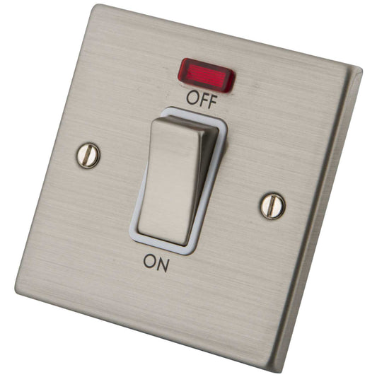 M2 Decorative 45A DP 1 Gang Switch with Neon White Insert Brushed Stainless Steel