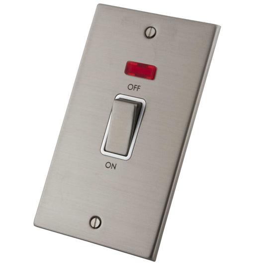 M2 Decorative 45A DP 2 Gang Vertical Switch with Neon White Insert Brushed Stainless Steel