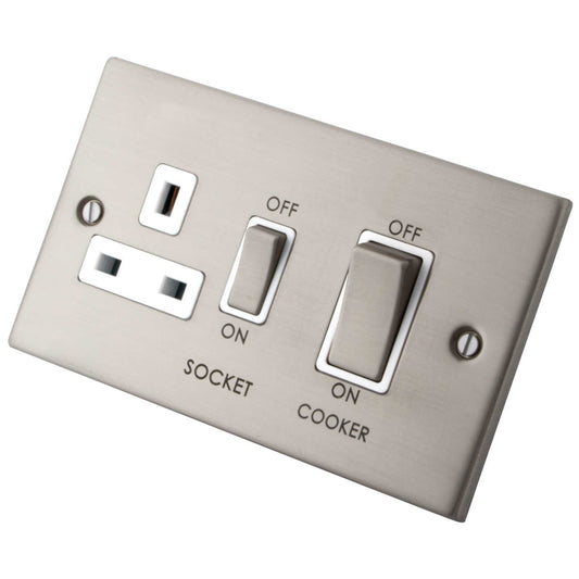 M2 Decorative 45A Cooker Control Unit White Insert Brushed Stainless Steel