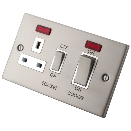 M2 Decorative 45A Cooker Control Unit with Neon White Insert Brushed Stainless Steel