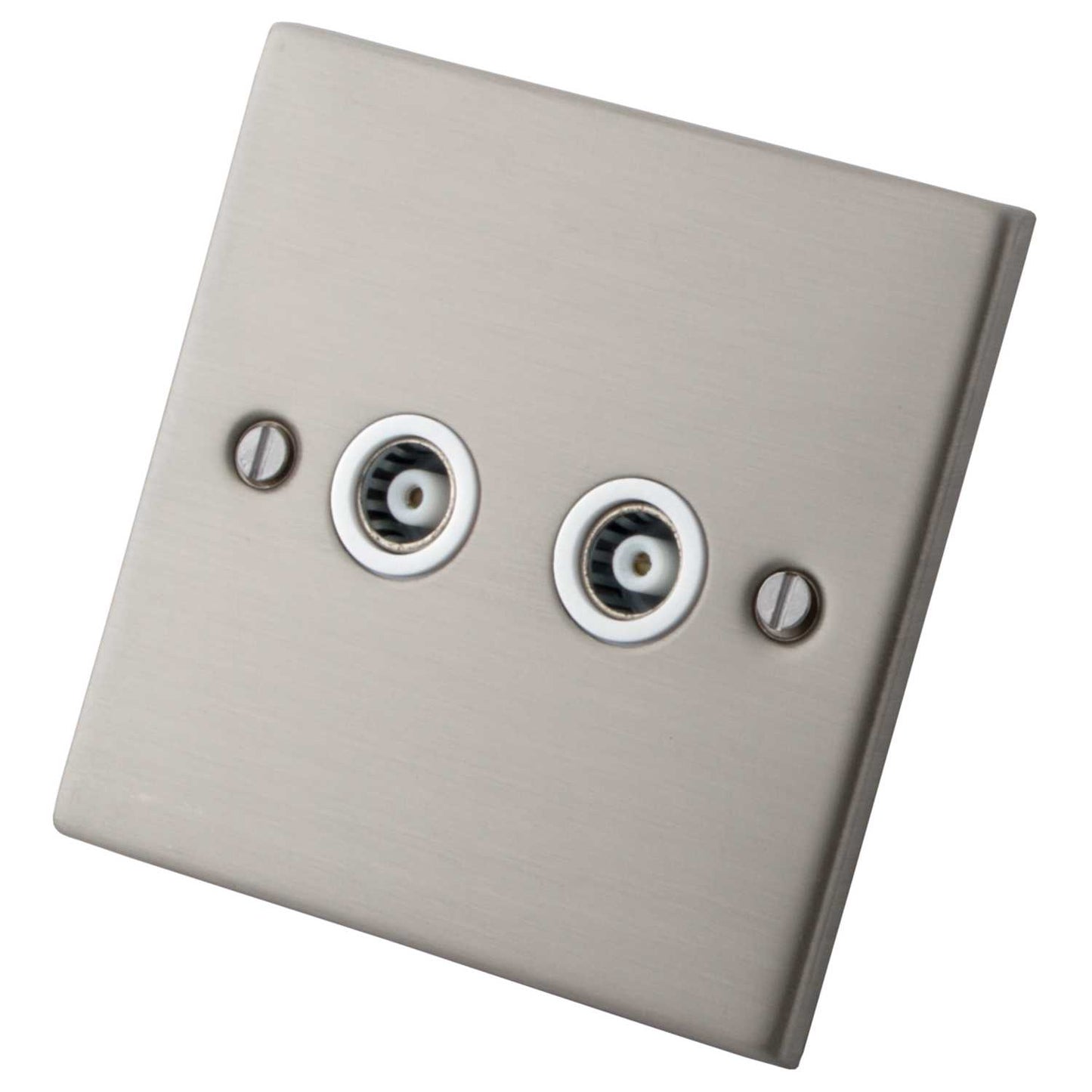 M2 Decorative 2 Gang Coaxial Socket White Insert Brushed Stainless Steel