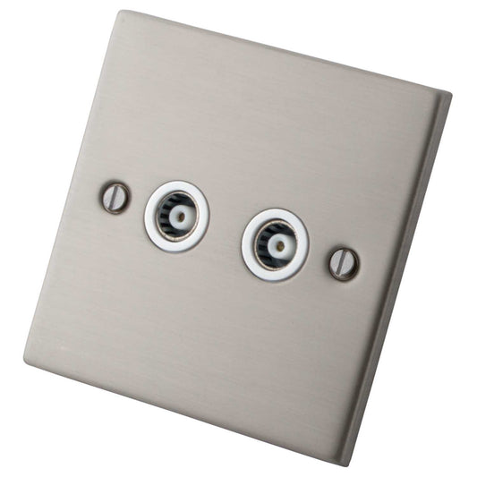 M2 Decorative 2 Gang Coaxial Socket White Insert Brushed Stainless Steel