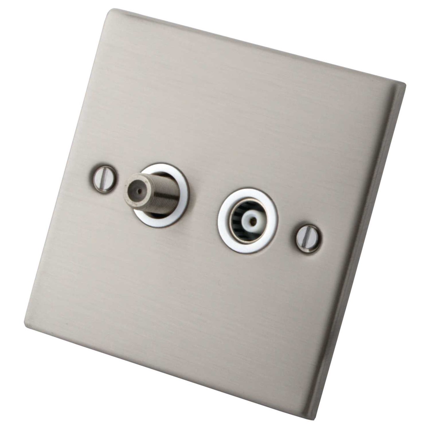M2 Decorative 1 Gang Satellite and Coaxial Socket White Insert Brushed Stainless Steel