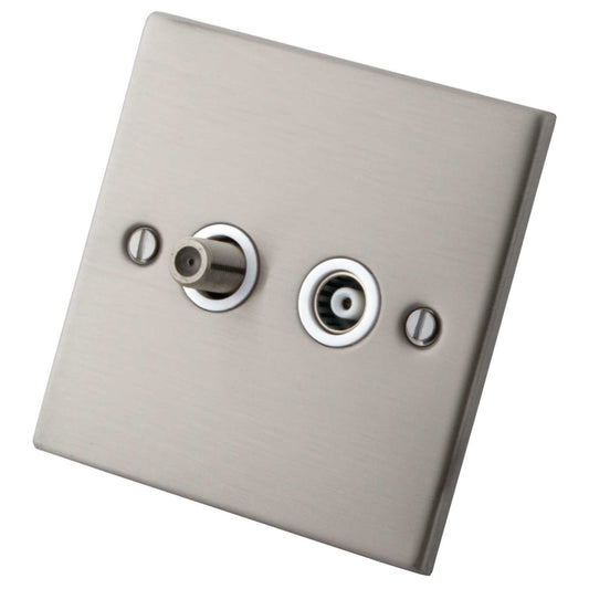 M2 Decorative 1 Gang Satellite and Coaxial Socket White Insert Brushed Stainless Steel