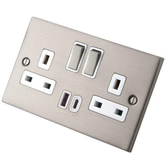 M2 Decorative 13A 2 Gang Socket with 1 x Type A and 1 x Type C USB White Insert Brushed Steel