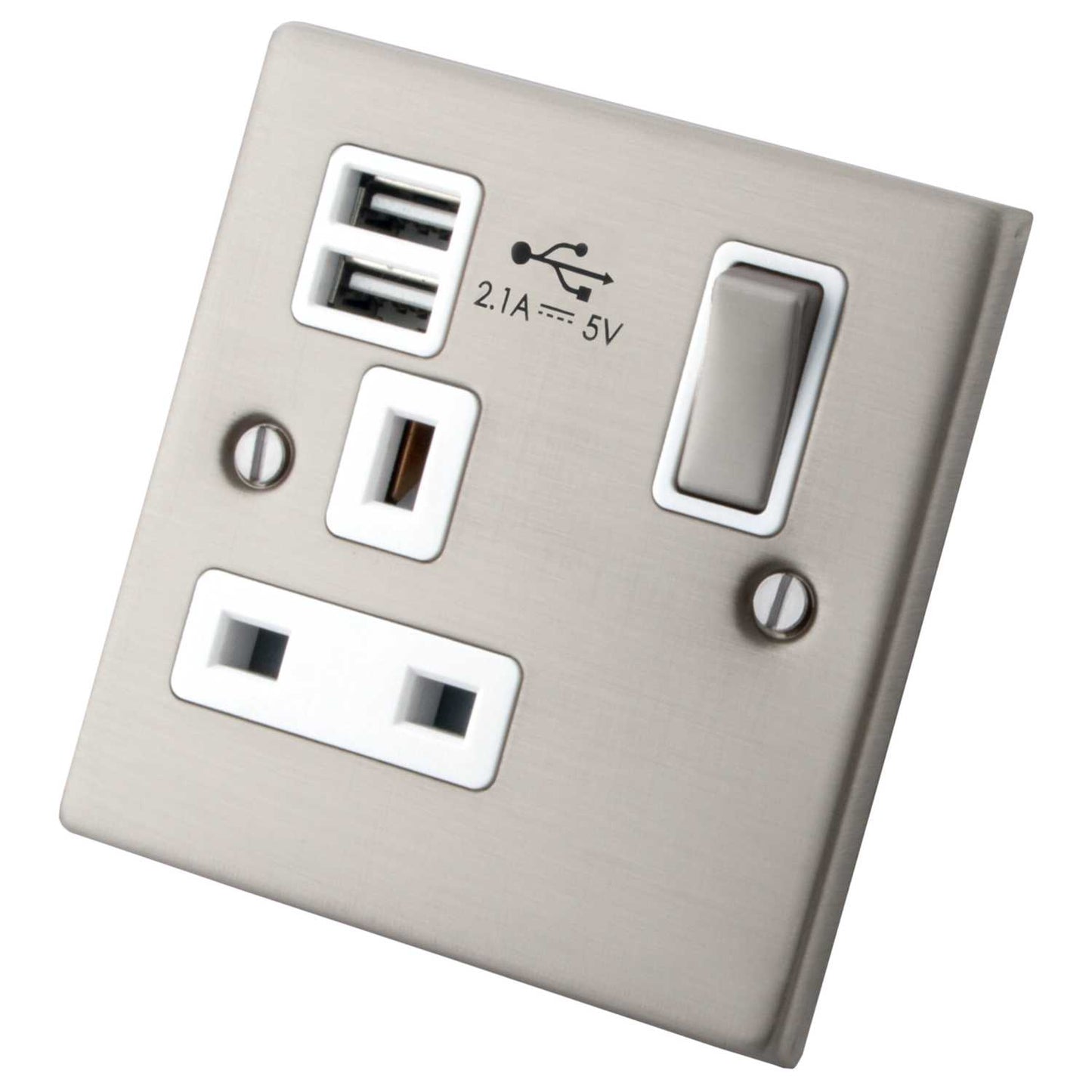 M2 Decorative 13A 1 Gang Switched Socket Twin USB Outlets White Insert Brushed Stainless Steel