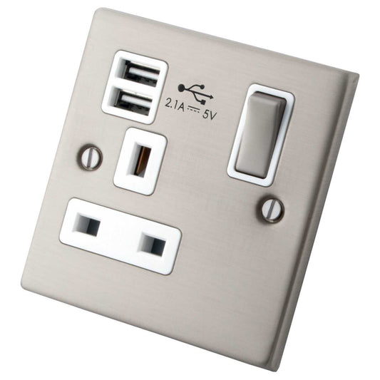 M2 Decorative 13A 1 Gang Switched Socket Twin USB Outlets White Insert Brushed Stainless Steel