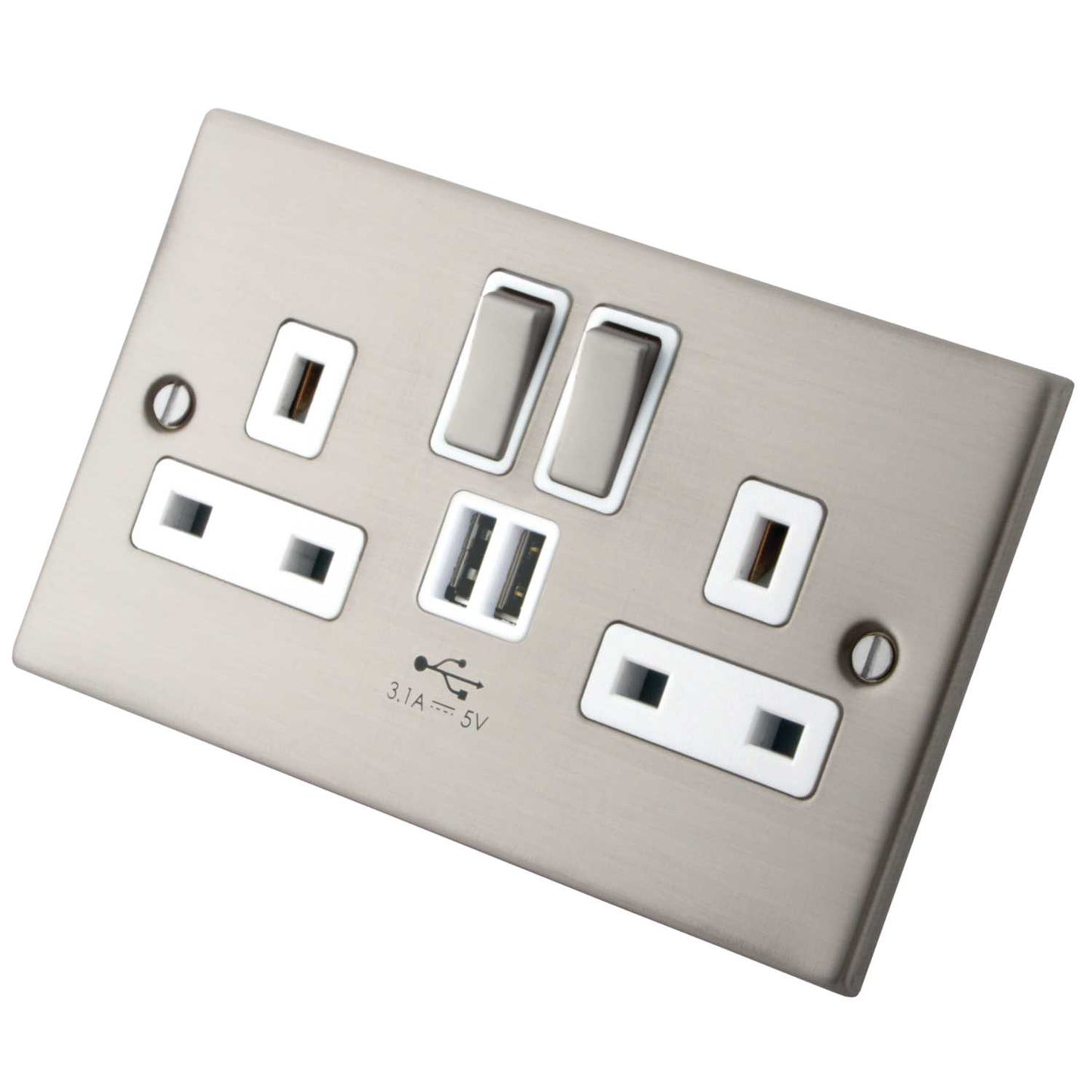 M2 Decorative 13A 2 Gang Switched Socket Twin USB Outlets White Insert Brushed Stainless Steel