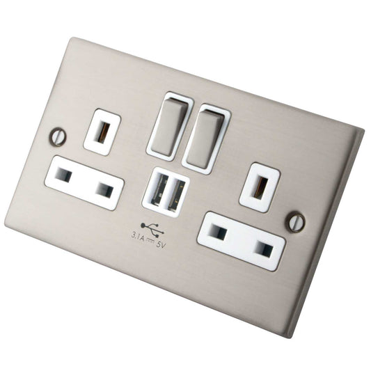 M2 Decorative 13A 2 Gang Switched Socket Twin USB Outlets White Insert Brushed Stainless Steel