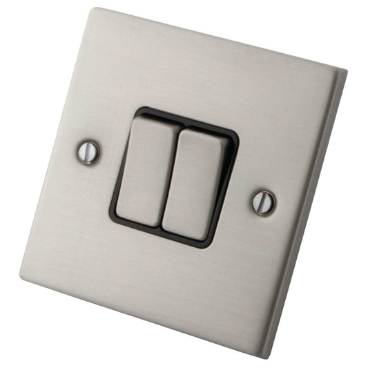 M2 Decorative 10A 2 Gang 2 Way Light Switch Black Insert Brushed Stainless Steel