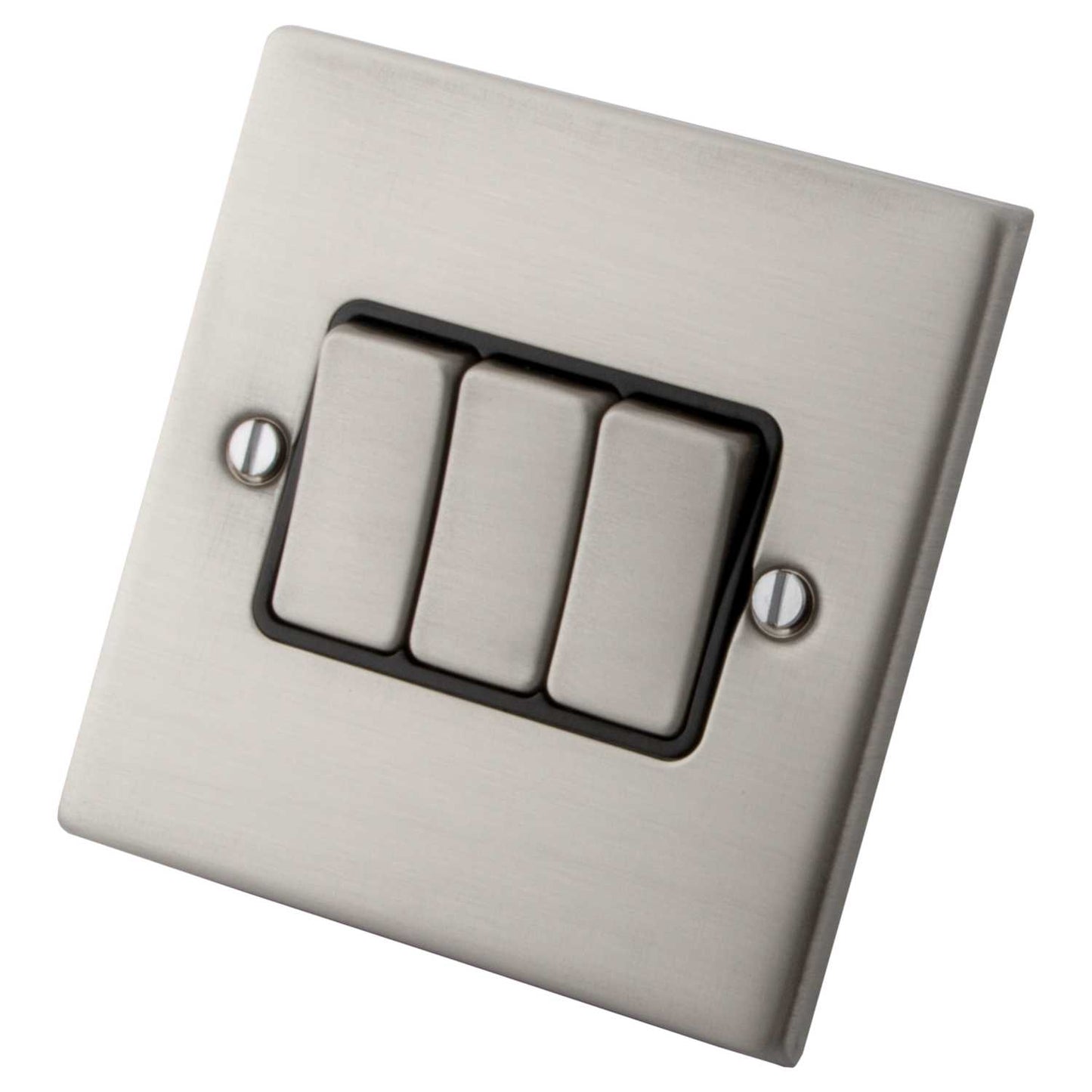 M2 Decorative 10A 3 Gang 2 Way Light Switch Black Insert Brushed Stainless Steel