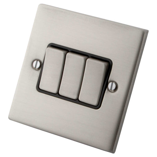 M2 Decorative 10A 3 Gang 2 Way Light Switch Black Insert Brushed Stainless Steel