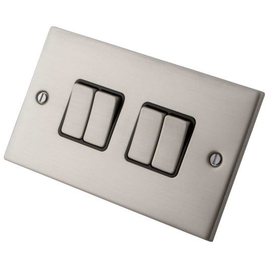 M2 Decorative 10A 4 Gang 2 Way Light Switch Black Insert Brushed Stainless Steel