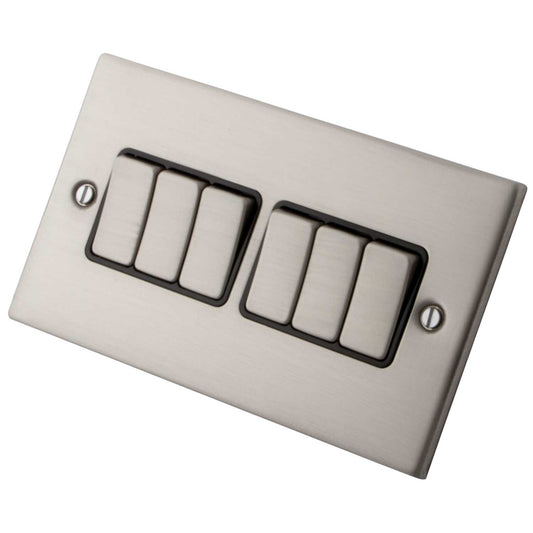 M2 Decorative 10A 6 Gang 2 Way Light Switch Black Insert Brushed Stainless Steel