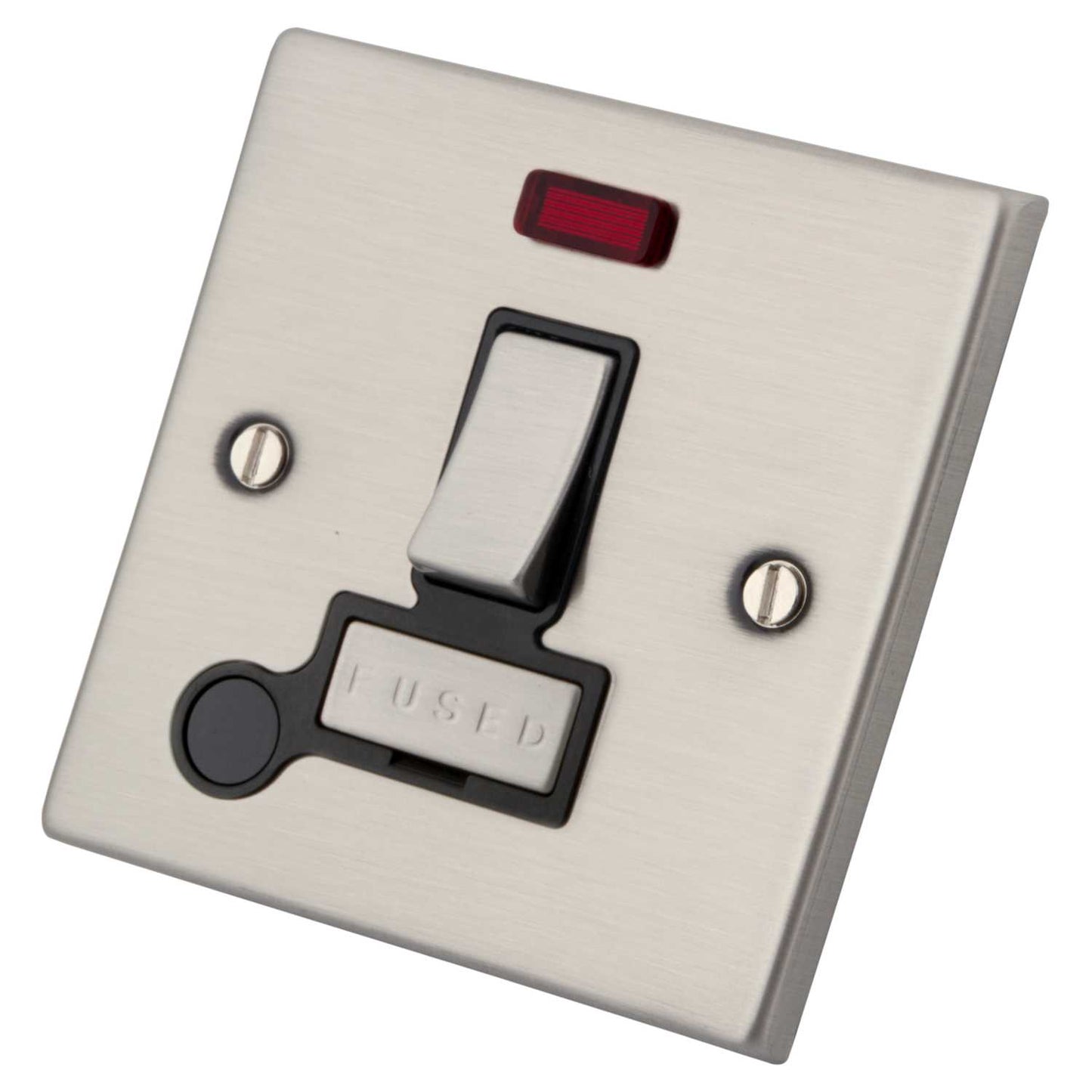 M2 Decorative 13A Switched Fused Spur with Neon F/Outlet Black Insert Brushed Stainless Steel