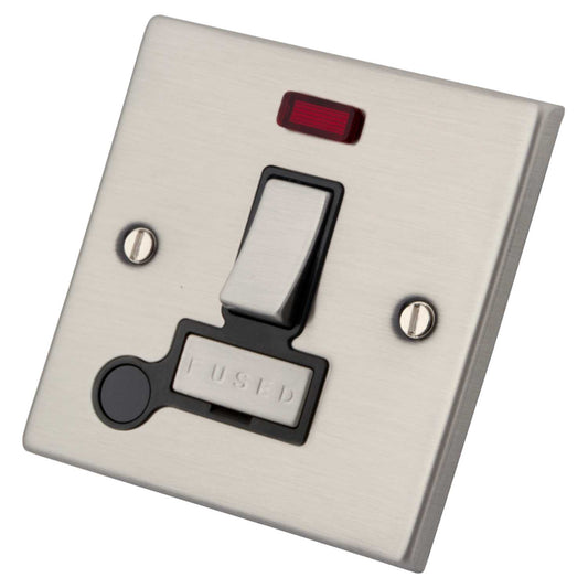 M2 Decorative 13A Switched Fused Spur with Neon F/Outlet Black Insert Brushed Stainless Steel