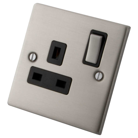 M2 Decorative 13A 1 Gang Switched Socket Black Insert Brushed Stainless Steel