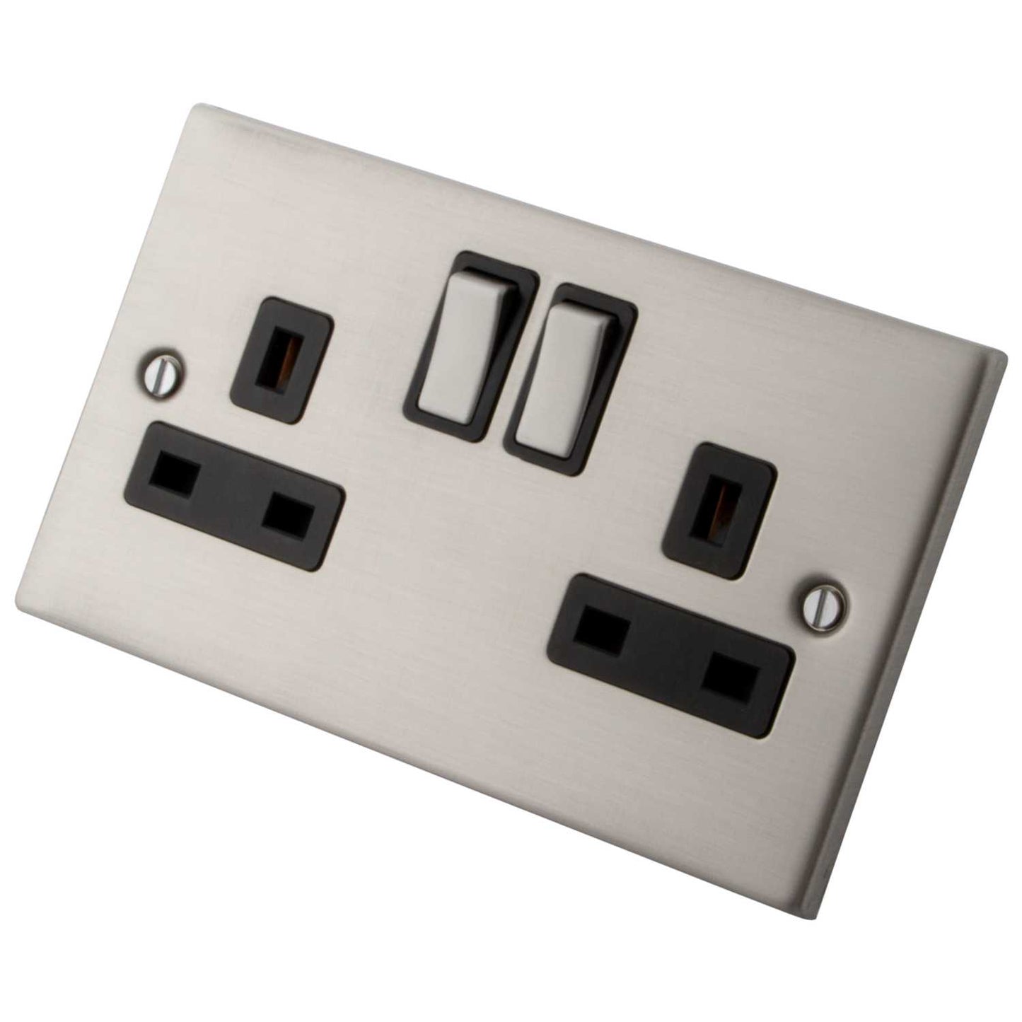 M2 Decorative 13A 2 Gang Switched Socket Black Insert Brushed Stainless Steel