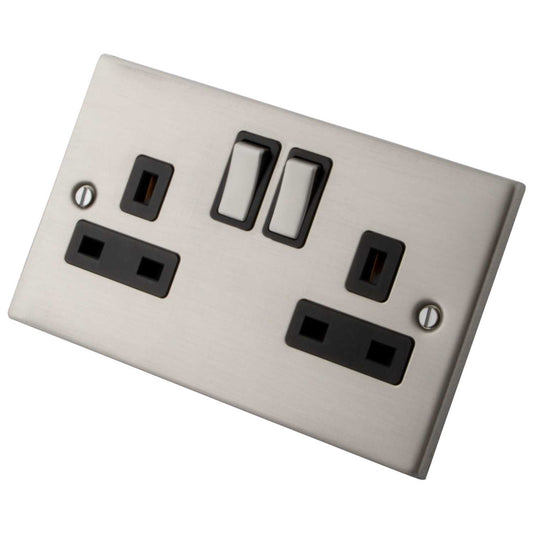 M2 Decorative 13A 2 Gang Switched Socket Black Insert Brushed Stainless Steel