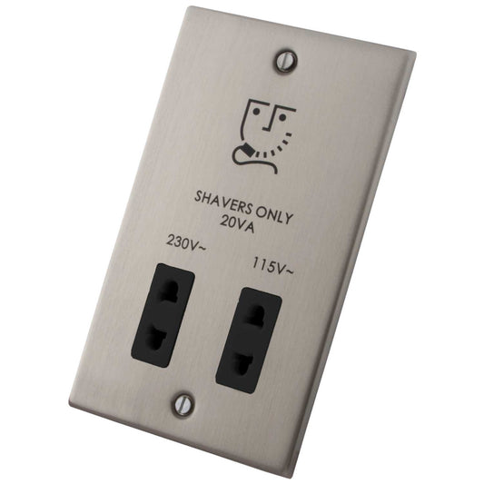 M2 Decorative Dual Voltage Shaver Socket Black Insert Brushed Stainless Steel