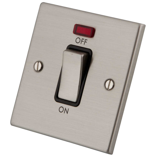 M2 Decorative 45A DP 1 Gang Switch with Neon Black Insert Brushed Stainless Steel